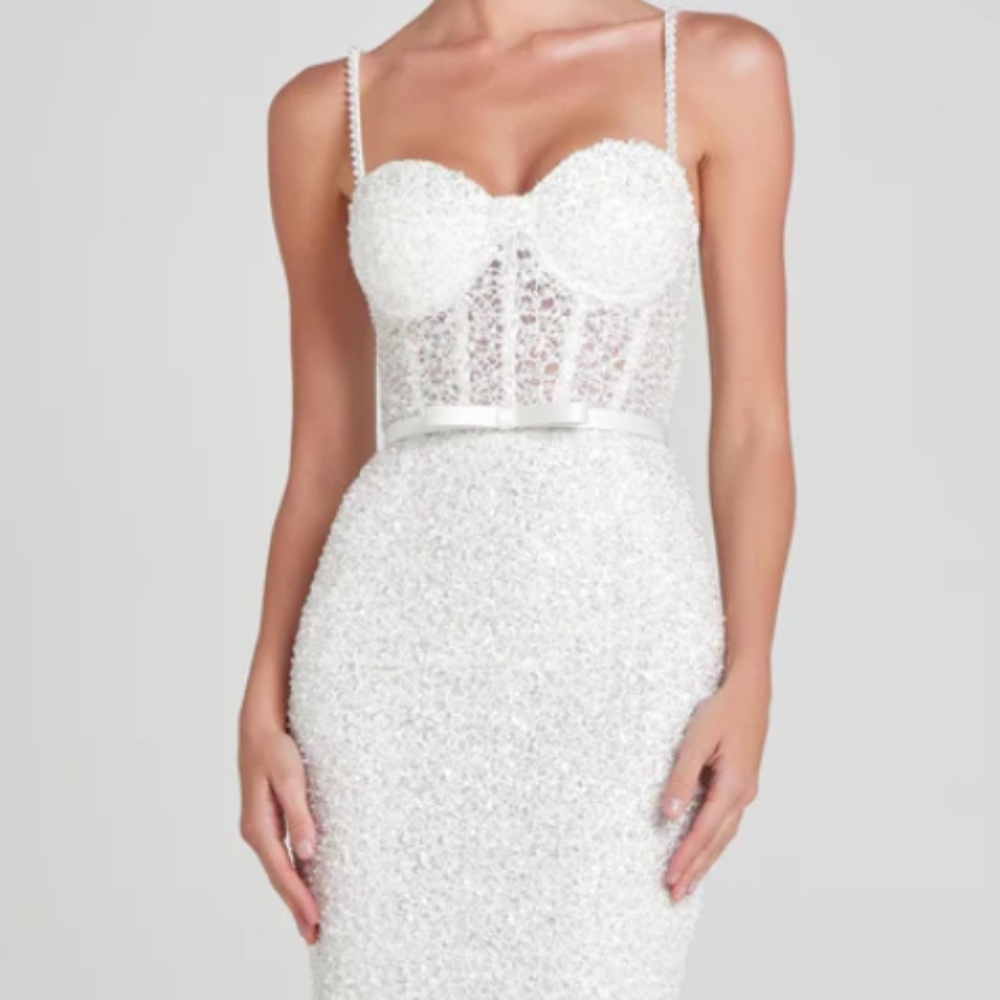 Amalia White Pearl Embellished Corset Midi Dress Size XS